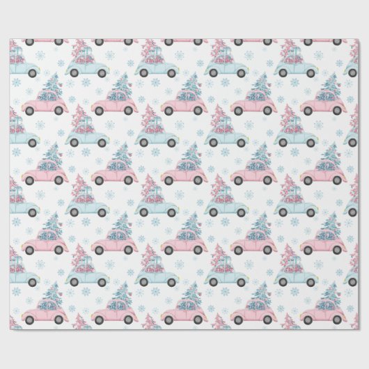 Pastel roze en blauwe auto's met kerstbomen cadeaupapier (Vlak)