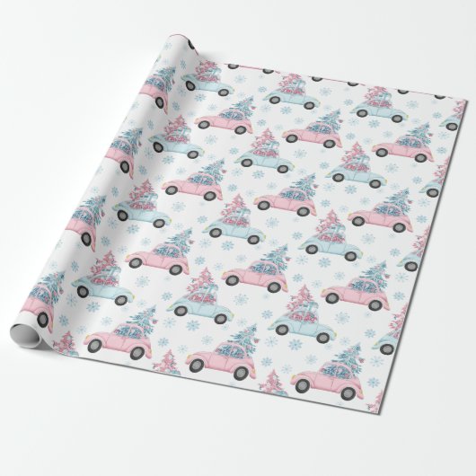 Pastel roze en blauwe auto's met kerstbomen cadeaupapier (Uitgerold)