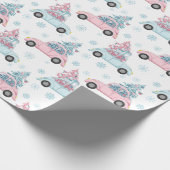 Pastel roze en blauwe auto's met kerstbomen cadeaupapier (Hoek)
