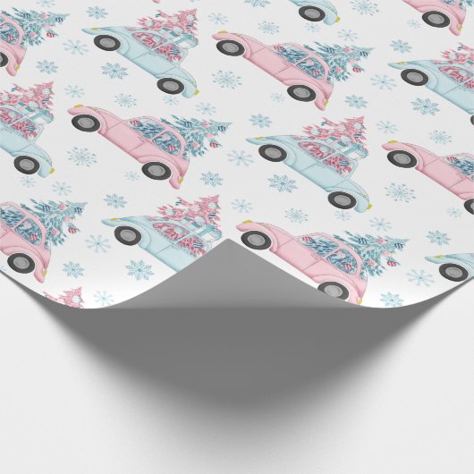 Pastel roze en blauwe auto's met kerstbomen cadeaupapier (Hoek)