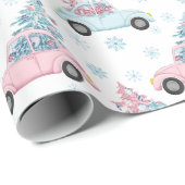 Pastel roze en blauwe auto's met kerstbomen cadeaupapier (Rol Hoek)