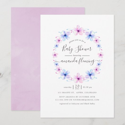 Pastel Roze en Blauwe Bloemachtige Baby Shower Kaart (Voorkant / Achterkant)