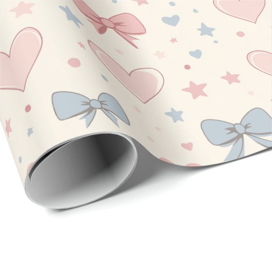 Pastel Roze en Blauwe Boog en Hart Patroon Cadeaupapier (Rol Hoek)