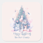 Pastel Roze en Blauwe Kat Familie Vrolijk Kerstfee Vierkante Sticker (Voorkant)