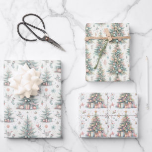Pastel Roze en Blauwe Kerstbomen Versierd Inpakpapier Vel