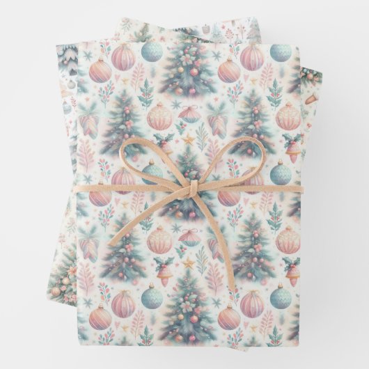Pastel Roze en Blauwe Kerstbomen Versierd Inpakpapier Vel (In situ)