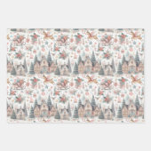 Pastel Roze en Blauwe Kersthuizen en Rendieren Inpakpapier Vel (Voorkant)