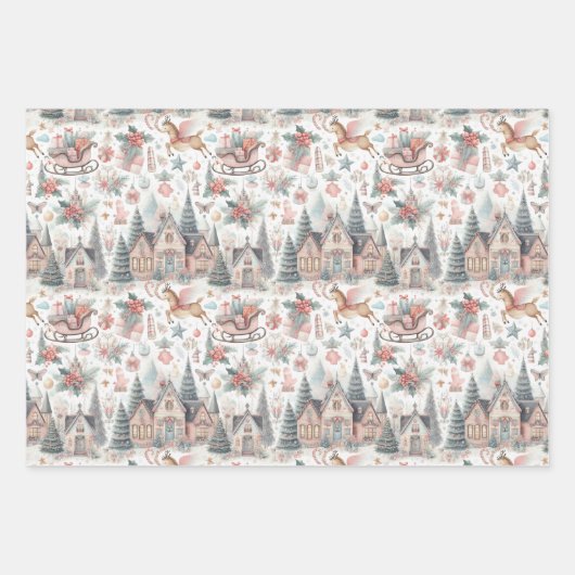 Pastel Roze en Blauwe Kersthuizen en Rendieren Inpakpapier Vel (Voorkant)