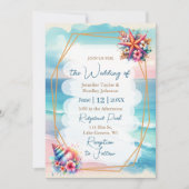 Pastel Roze en Blauwe Oceaan Uitzicht Bruiloft Kaart (Voorkant)