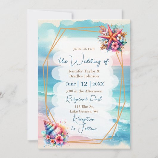 Pastel Roze en Blauwe Oceaan Uitzicht Bruiloft Kaart (Voorkant)