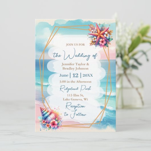 Pastel Roze en Blauwe Oceaan Uitzicht Bruiloft Kaart (Staand voorkant)