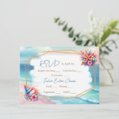 Pastel Roze en Blauwe Oceaan Uitzicht Bruiloft RSV Kaart (Staand voorkant)