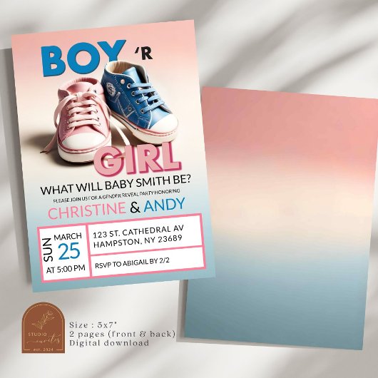 Pastel Roze en Blauwe Sneaker Gender Reveal Kaart