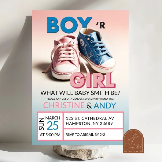 Pastel Roze en Blauwe Sneaker Gender Reveal Kaart