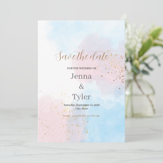 Pastel Roze en Blauwe Waterverf sparen de Datum Save The Date (Staand voorkant)