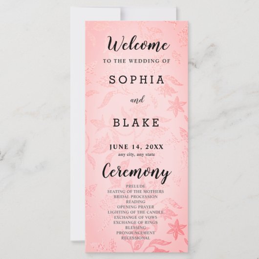 Pastel Roze en Bloemen Metallic Bruiloft Programma (Voorkant)