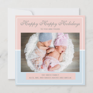 Pastel Roze en Blue Twin Boy Girl Fotokerstmis Feestdagenkaart