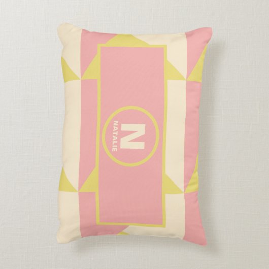 Pastel roze en gele vormen met monogramnaam accent kussen (Achterkant (Verticaal))