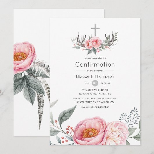 Pastel Roze en Gray Boho Floral Bevestiging Kaart (Voorkant / Achterkant)