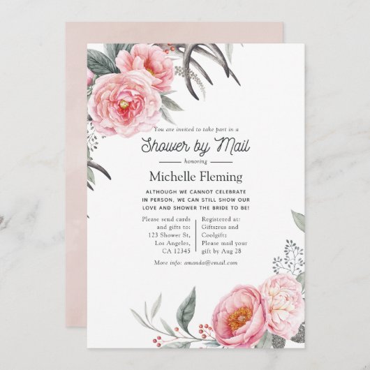 Pastel Roze en Gray Boho Floral Shower per Mail Kaart (Voorkant / Achterkant)