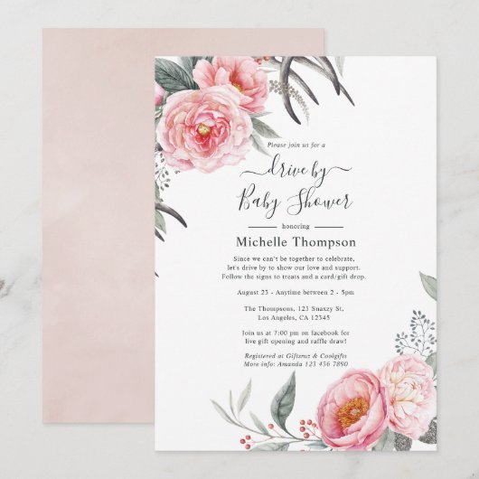 Pastel roze en grijs boho Floral drive by Shower Kaart (Voorkant / Achterkant)