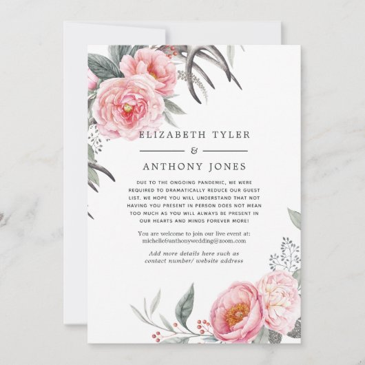 Pastel roze en grijze Boho Floral Reduced Guest Li Aankondiging (Voorkant)