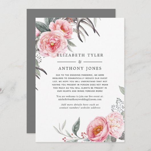 Pastel roze en grijze Boho Floral Reduced Guest Li Aankondiging (Voorkant / Achterkant)