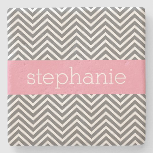 Pastel Roze en Grijze Chevrons Aangepaste naam Stenen Onderzetter (Voorkant)