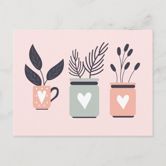 Pastel roze en grijze moderne planten briefkaart (Voorkant)