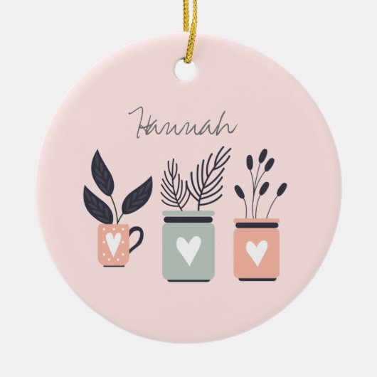 Pastel roze en grijze moderne planten keramisch ornament (Voorkant)