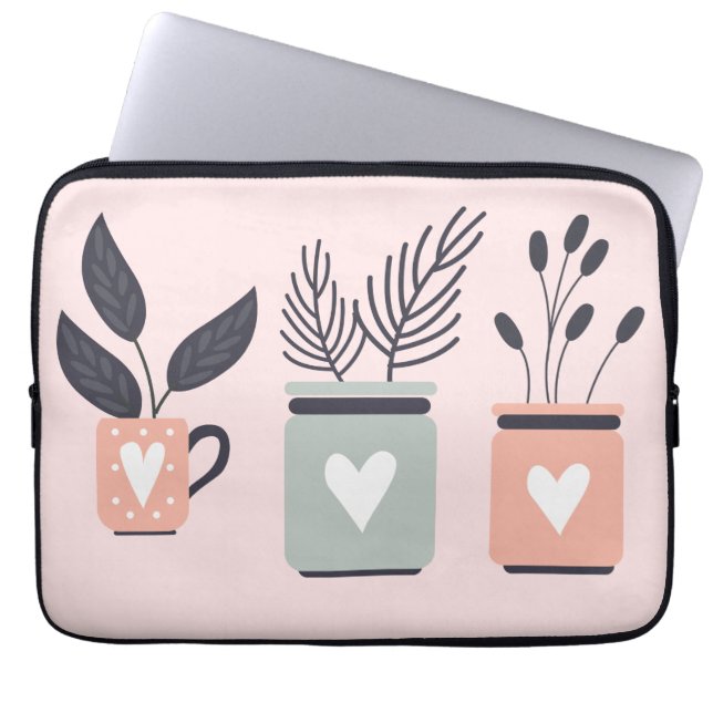 Pastel roze en grijze moderne planten laptop sleeve (Voorkant)