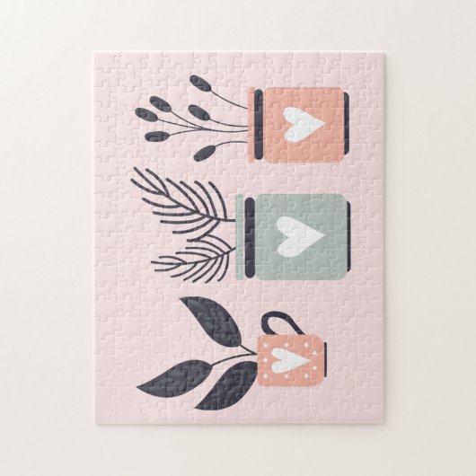 Pastel roze en grijze moderne planten legpuzzel (Verticaal)