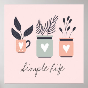 Pastel roze en grijze moderne planten poster
