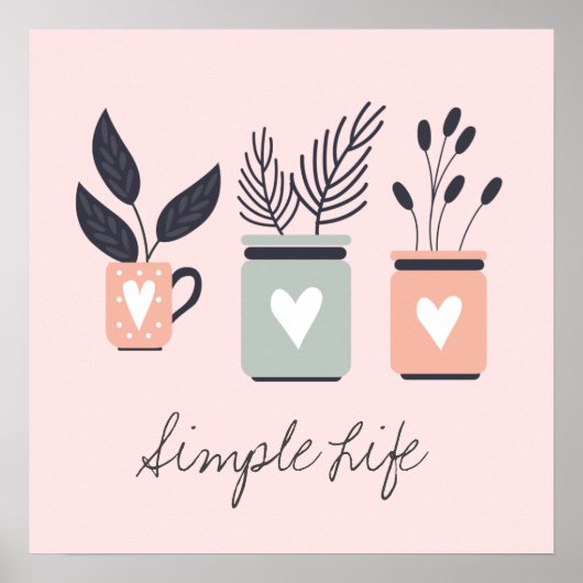 Pastel roze en grijze moderne planten poster (Voorkant)