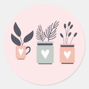 Pastel roze en grijze moderne planten ronde sticker