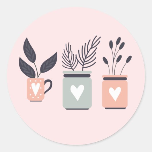 Pastel roze en grijze moderne planten ronde sticker (Voorkant)