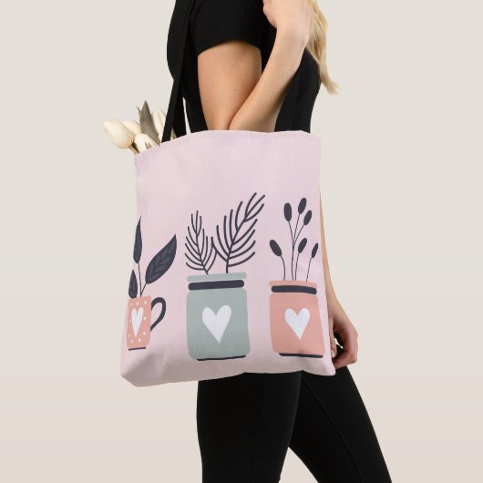 Pastel roze en grijze moderne planten tote bag (Dichtbij)