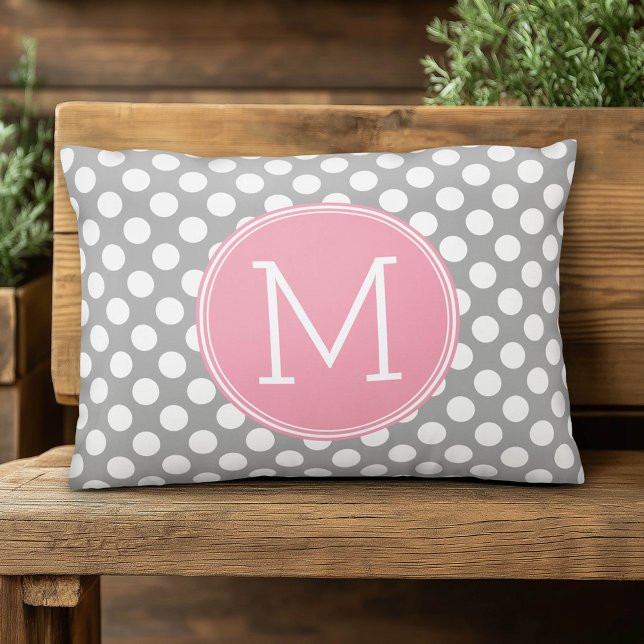 Pastel roze en grijze pooldots met aangepast monog accent kussen (Custom Pillow)