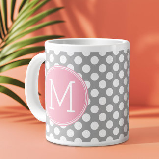 Pastel roze en grijze pooldots met aangepast monog grote koffiekop