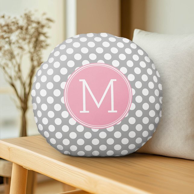 Pastel roze en grijze pooldots met aangepast monog rond kussen (Custom Pillow)