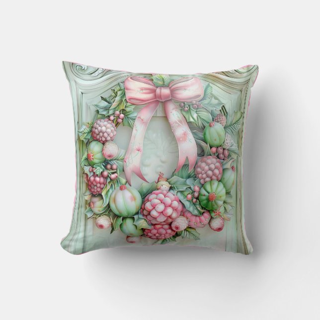 Pastel Roze en Groen Kerst Kussen (Voorkant)