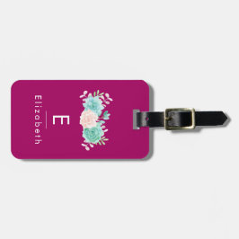 Pastel Roze en Groene Floral Bouquet op Magenta Te Bagagelabel