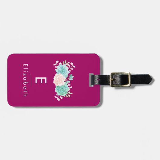 Pastel Roze en Groene Floral Bouquet op Magenta Te Bagagelabel (Voorkant horizontaal)
