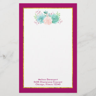 Pastel Roze en Groene Floral Bouquet op Magenta Te Briefpapier