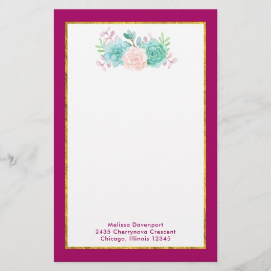 Pastel Roze en Groene Floral Bouquet op Magenta Te Briefpapier (Voorkant)