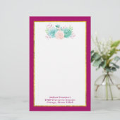 Pastel Roze en Groene Floral Bouquet op Magenta Te Briefpapier (Staand voorkant)
