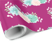 Pastel Roze en Groene Floral Bouquet op Magenta Te Cadeaupapier (Rol Hoek)