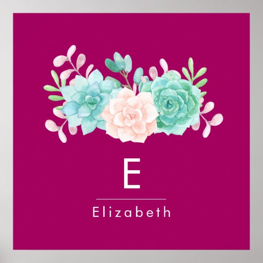 Pastel Roze en Groene Floral Bouquet op Magenta Te Poster (Voorkant)