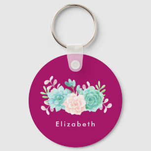 Pastel Roze en Groene Floral Bouquet op Magenta Te Sleutelhanger