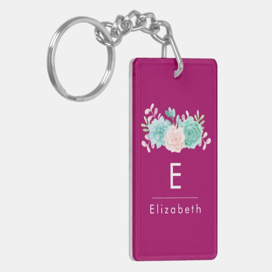 Pastel Roze en Groene Floral Bouquet op Magenta Te Sleutelhanger (Voorkant Links)